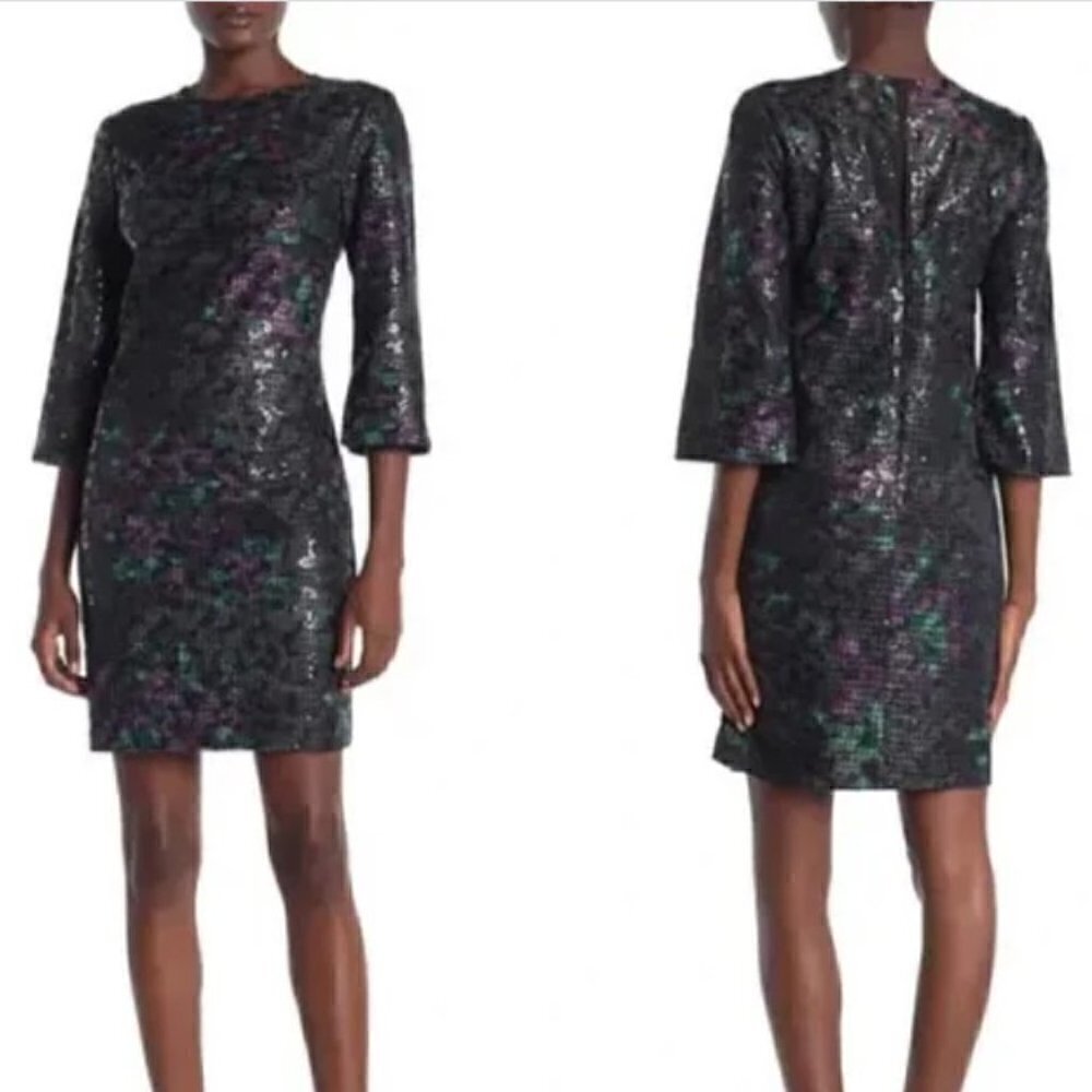 Trina Turk Grenandine 3/4 Sleeve Embellished Floral Perforated Shift Dress 6 NWT